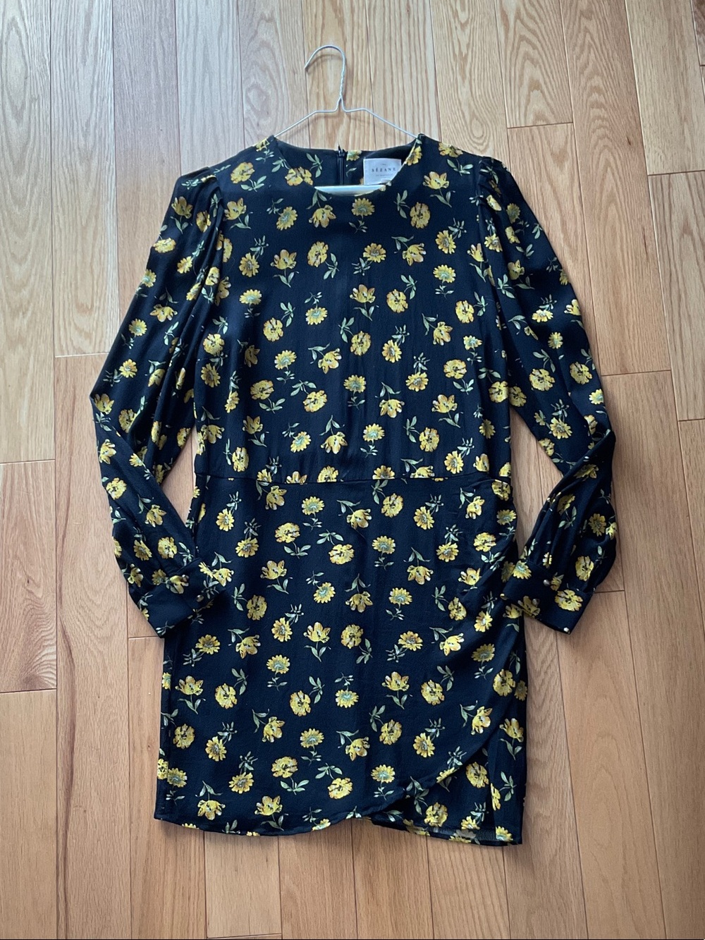 Sezane size 40 Black Dress with Yellow Floral Print — Long Sleeve Mini